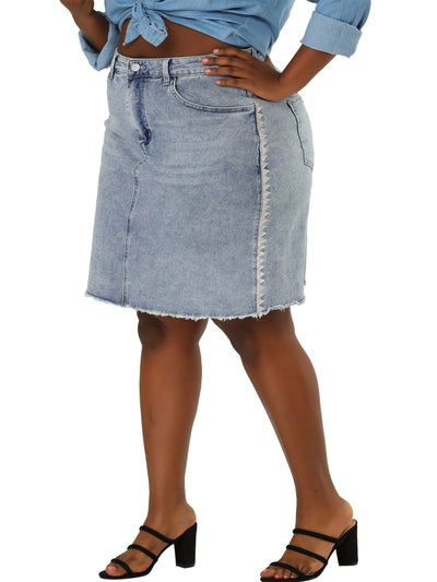 H Line Knee Length Plus Size Ripped Denim Skirt