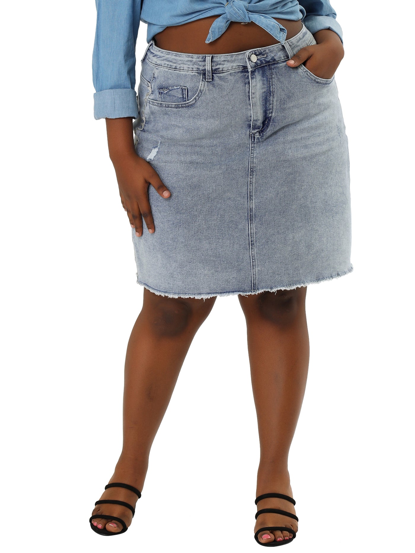 Bublédon H Line Knee Length Plus Size Ripped Denim Skirt