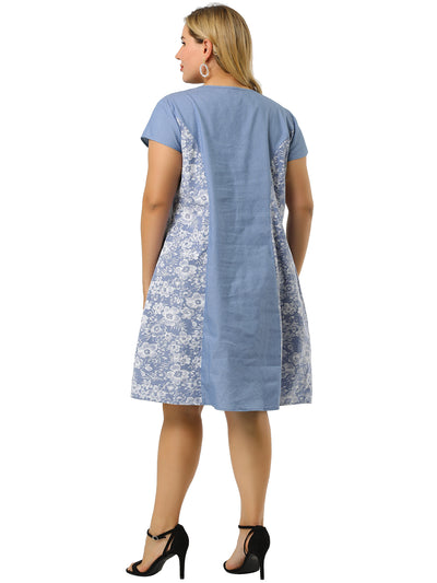 A Line Cotton V Neck Cap Sleeve Plus Size Dress