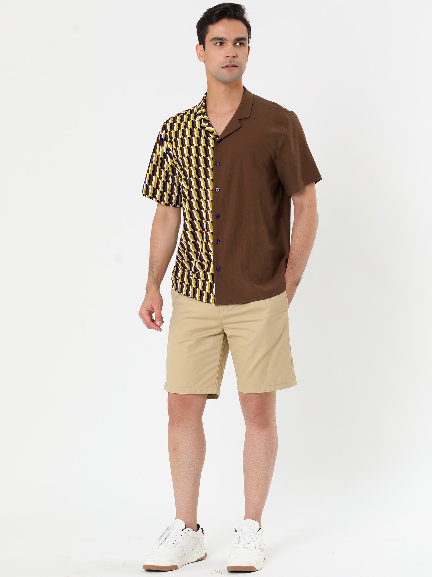 Bublédon Printed Patchwork Camp Collar Short Sleeve Shirt