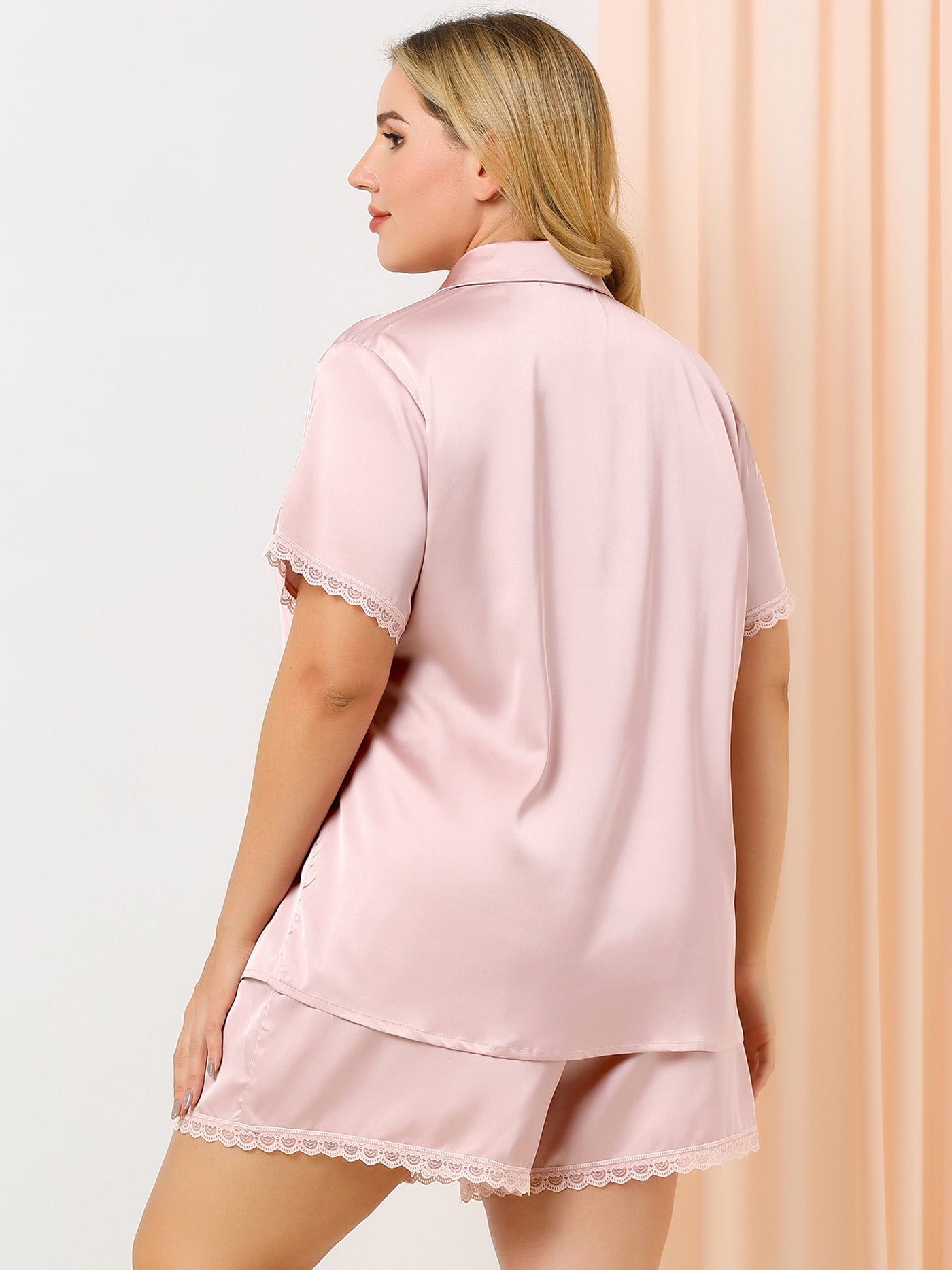 Bublédon Women's Plus Size Lounge Sets Pajama Collar Chemical Lace Short Sleeve Pajamas Set