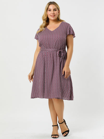 Casual Rayon V Neck Printed Belted Plus Size Dress