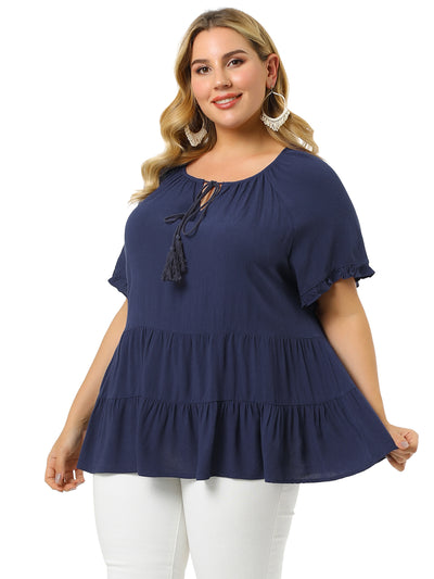 Rayon A Line Tie Neck Short Sleeve Blouse