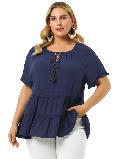 Rayon A Line Tie Neck Short Sleeve Blouse