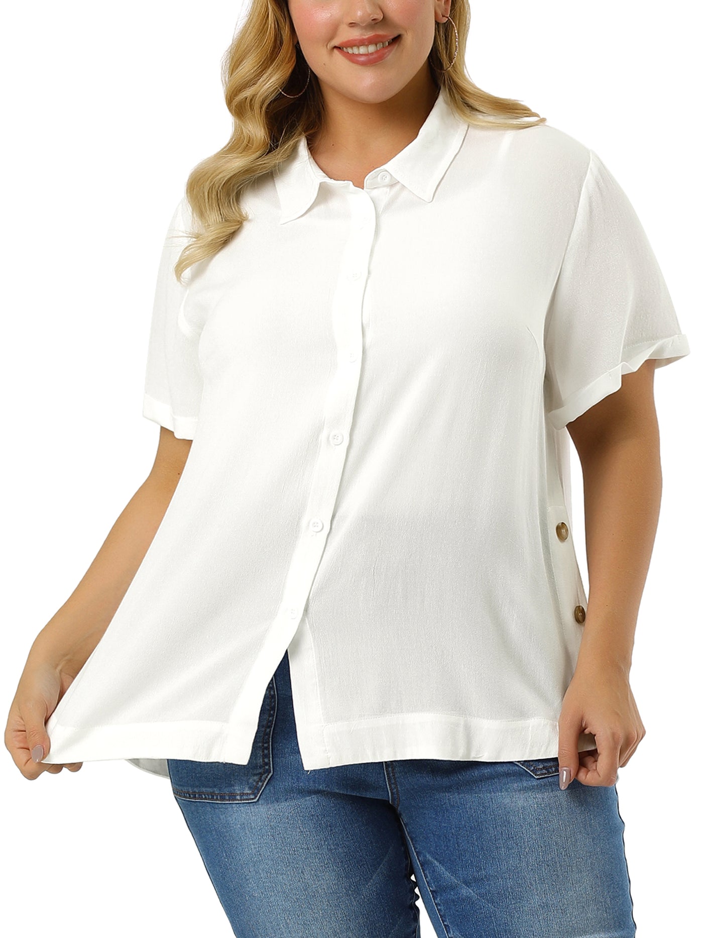 Bublédon Plus Size Shirt Turndown Collar Slit Roll Up Sleeve Shirt