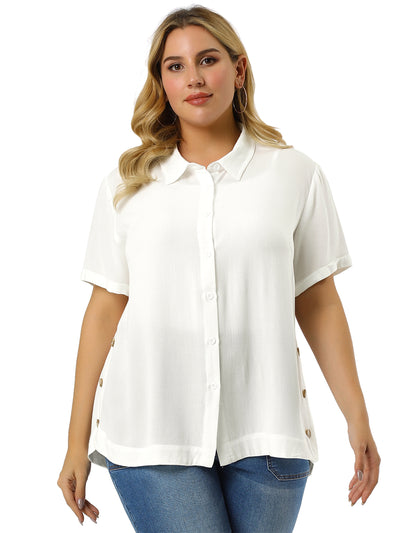 Plus Size Shirt Turndown Collar Slit Roll Up Sleeve Shirt