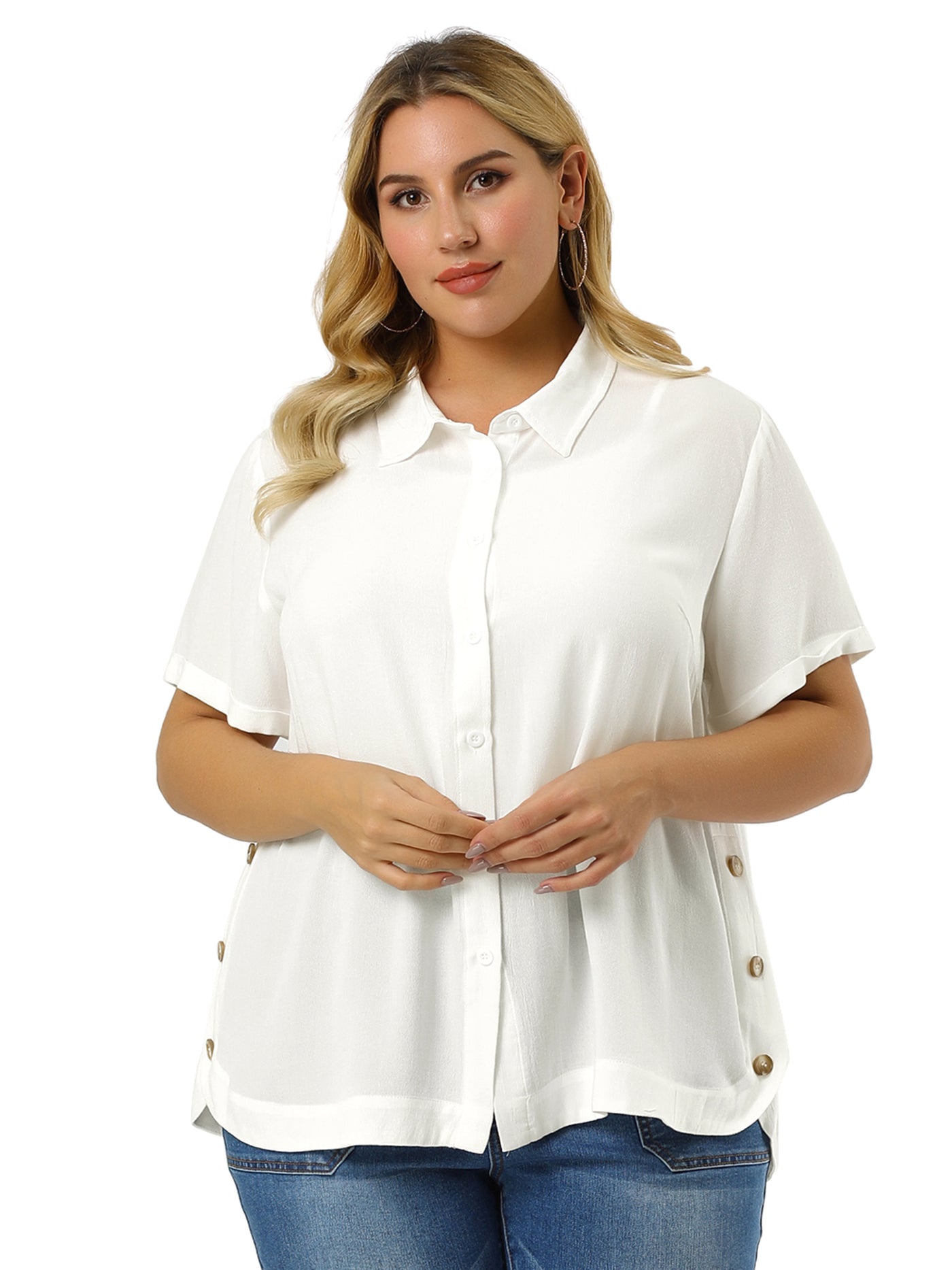 Bublédon Plus Size Shirt Turndown Collar Slit Roll Up Sleeve Shirt