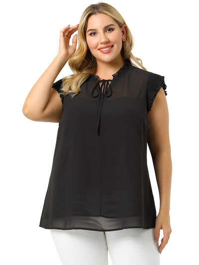 Plus Size Stand Collar Tie Neck Semi-sheer Ruffle Blouse