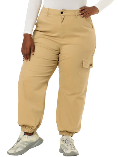 Plus Size Pants Fly Elastic Hem High Waist Pocket Cargo Pant