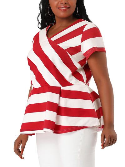 Women Plus Size V Neck Inverted Pleats Striped Peplum Top