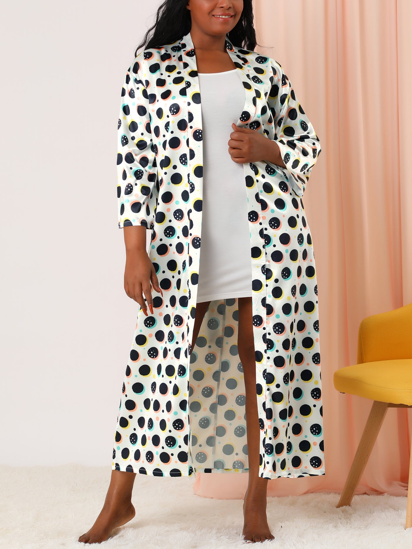 Bublédon Women's Plus Size Robes Sleepwear Polka Dots Self Tie Waist Long Bathrobe Nightgown