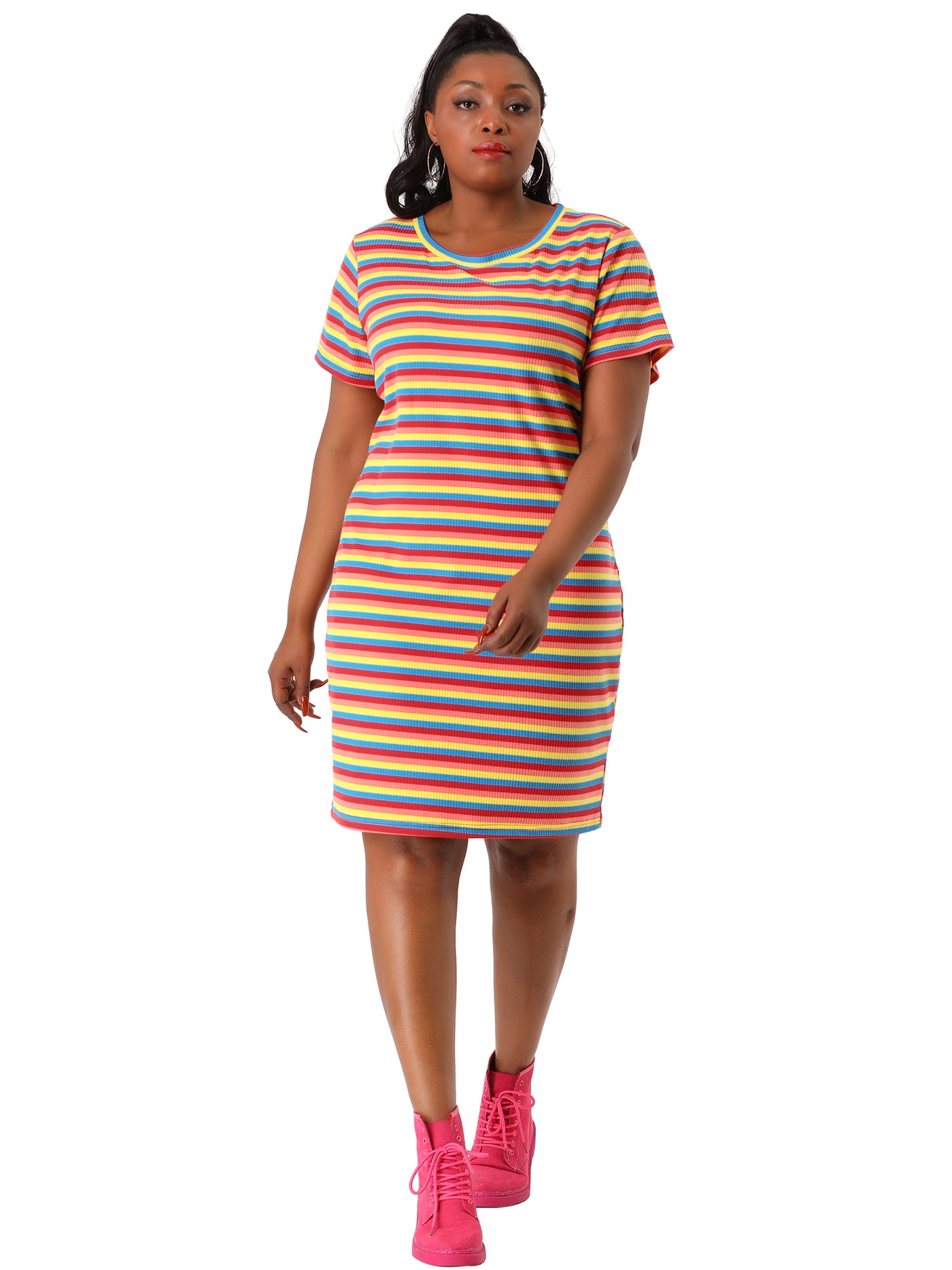 Bublédon Plus Size Crew Neck Rainbow Striped T-shirt Dress