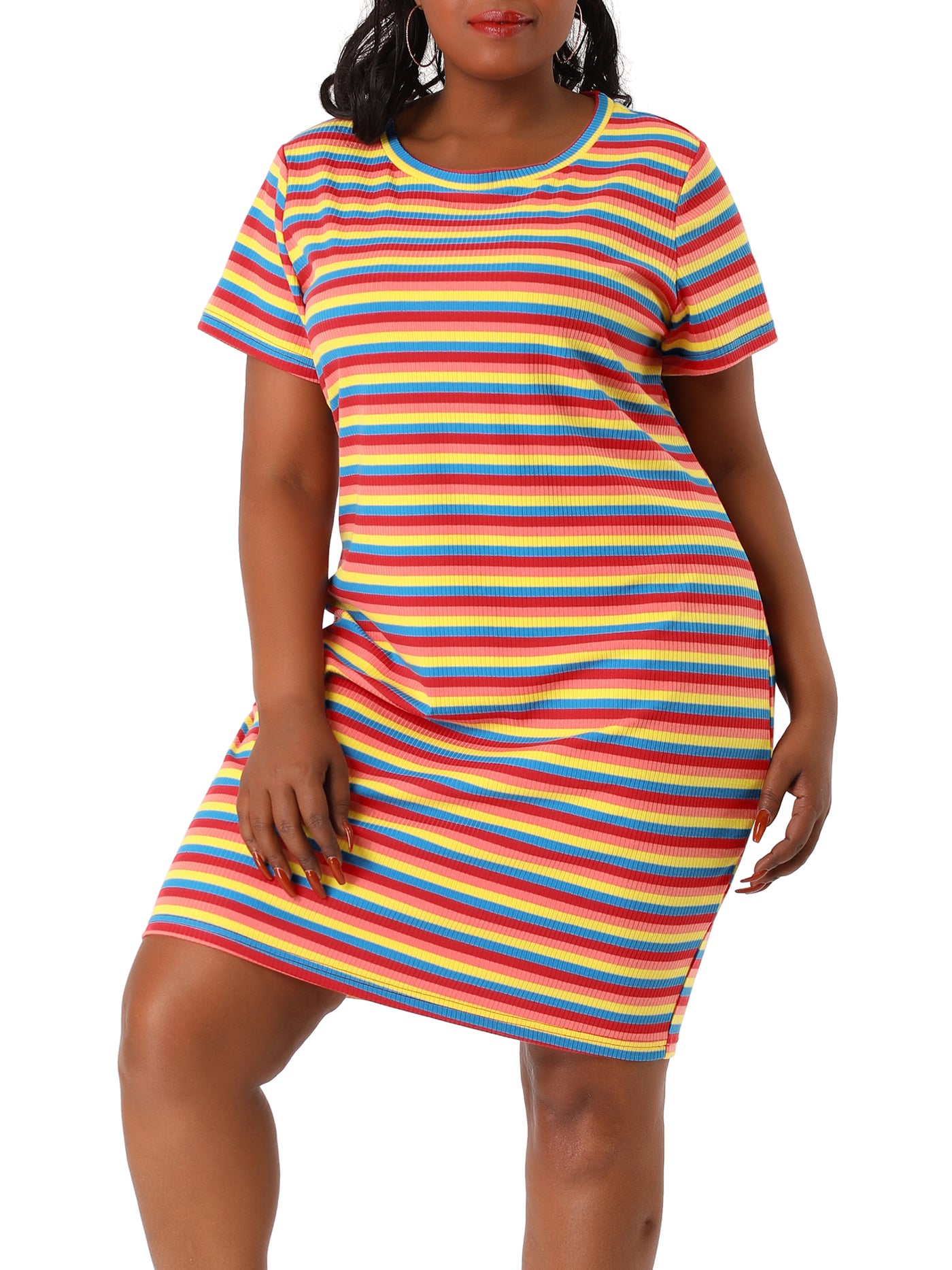 Bublédon Plus Size Crew Neck Rainbow Striped T-shirt Dress