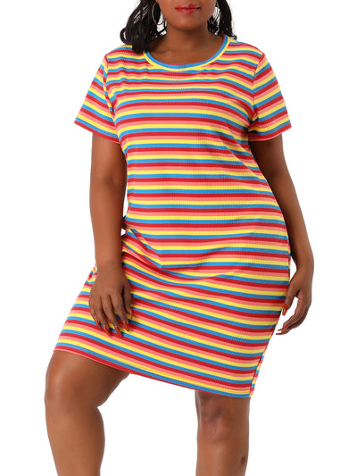 Plus Size Crew Neck Rainbow Striped T-shirt Dress