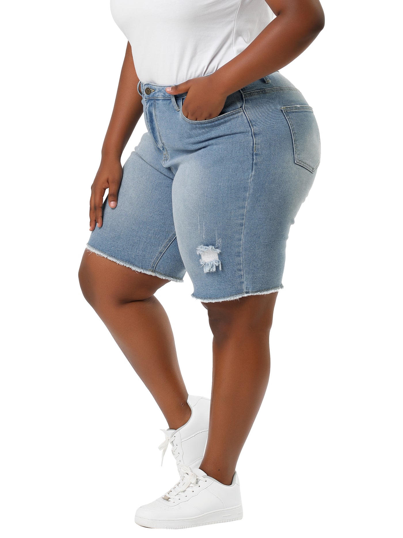 Bublédon Women's Plus Size Jeans Ripped Raw Hem Longline Denim Shorts