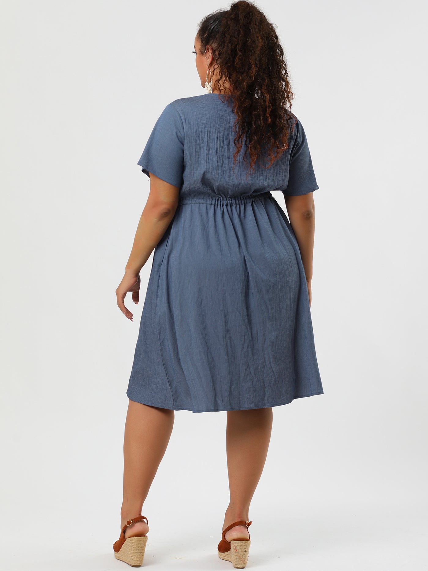 Bublédon Spandex V Neck Elastic Waist Plus Size Denim Dress