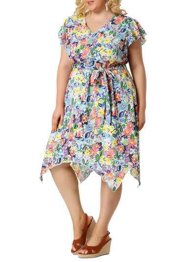 Loose Polyester V Neck Midi Floral Plus Size Dress