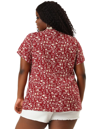 Rayon H Line Floral Tie Neck Short Sleeve Blouse
