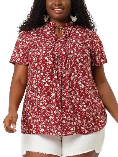 Rayon H Line Floral Tie Neck Short Sleeve Blouse