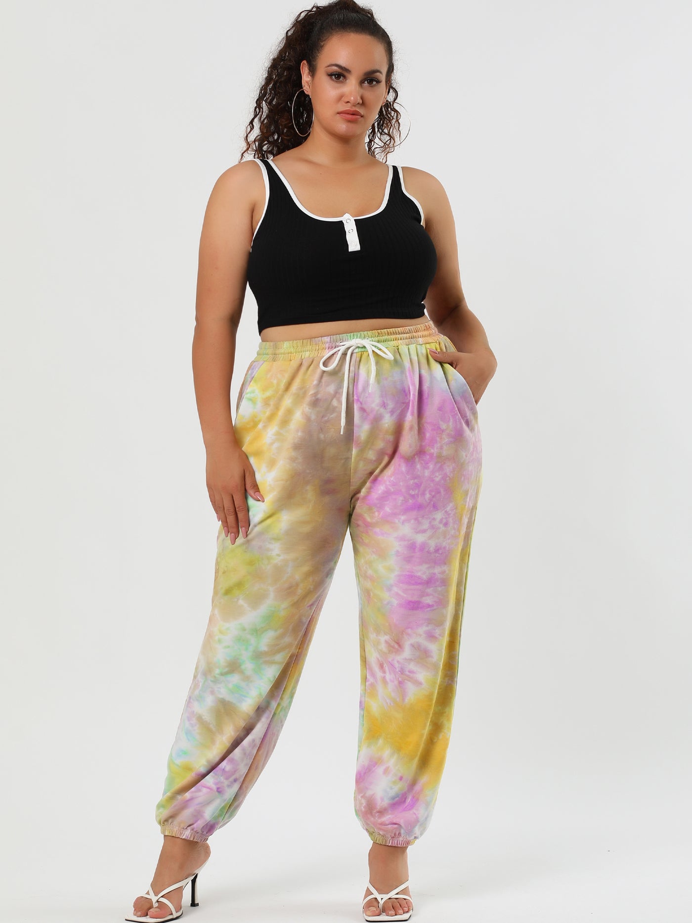 Bublédon Women Plus Size Drawstring Waist Contrast Color Jogger Pants