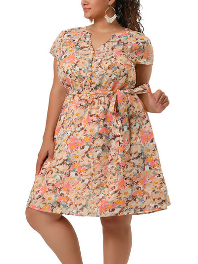 Polyester V Neck Floral Print Summer Plus Size Dress