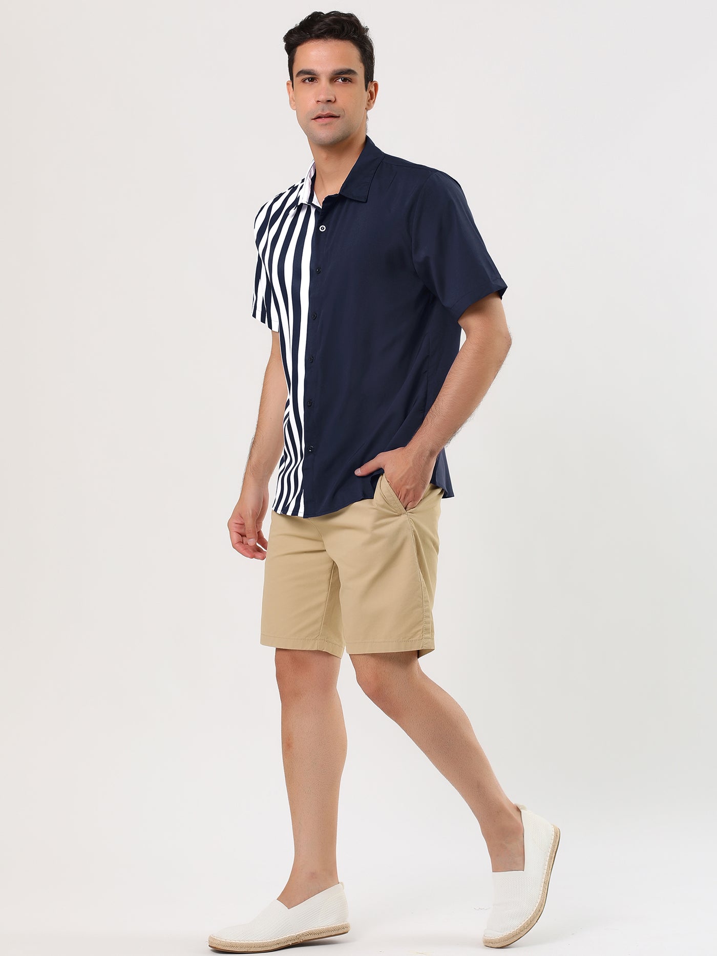 Bublédon Summer Vertical Stripe Patchwork Lapel Button Shirts