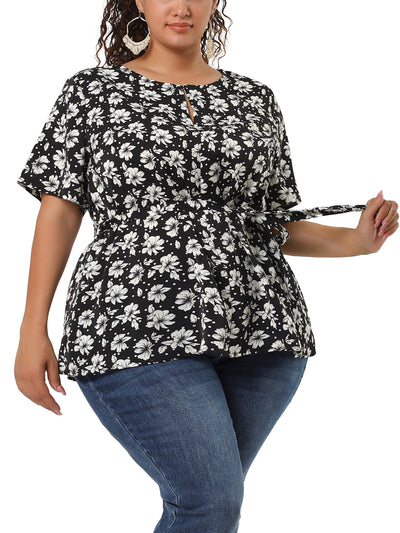 Polyester H Line Floral Round Neck Blouse