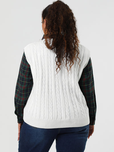 Plus Size V Neck Plain Argyle Preppy Style Knit Vests