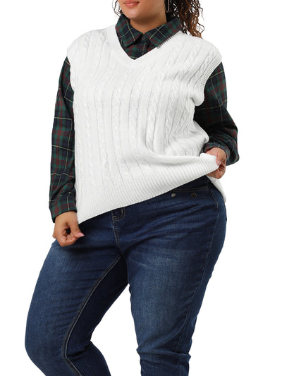 Plus Size V Neck Plain Argyle Preppy Style Knit Vests