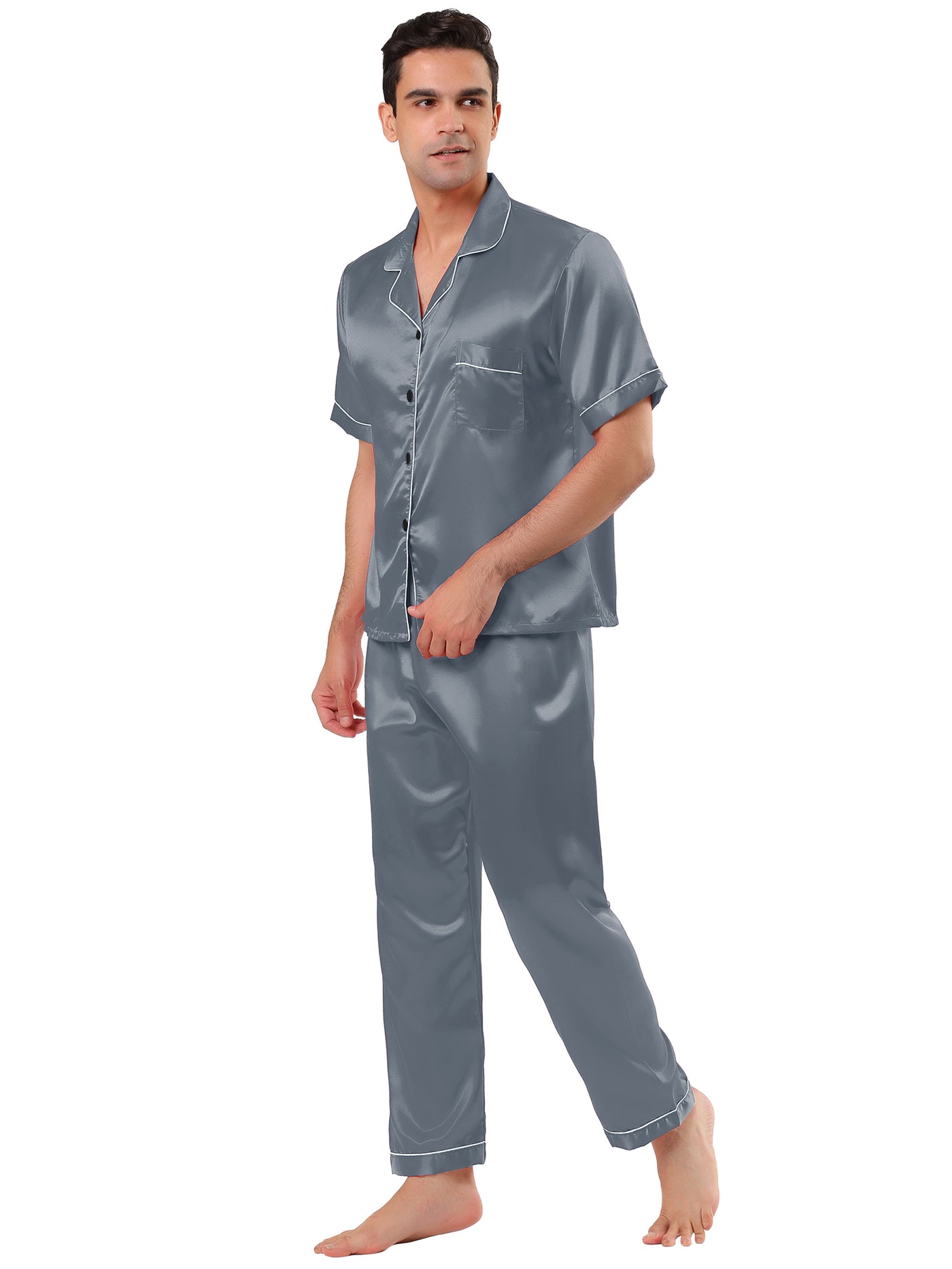 Bublédon Classic Satin Short Sleeve Button Solid Pajama Sets
