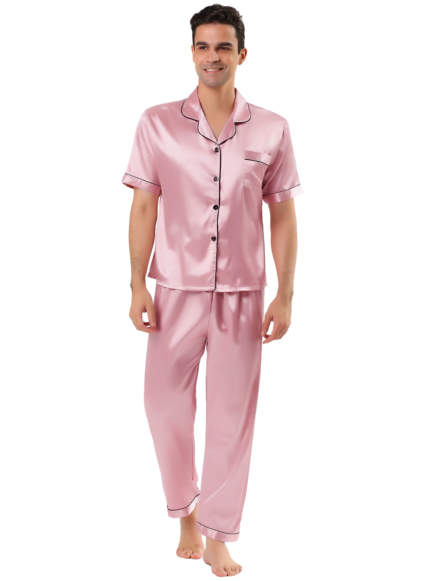 Bublédon Classic Satin Short Sleeve Button Solid Pajama Sets