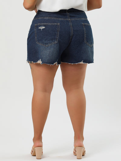 Plus Size Jeans Raw Hem Slash Pocket Distressed Denim Shorts