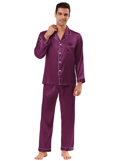 Satin Color V Neck Button Long Sleeve Pajama Sets