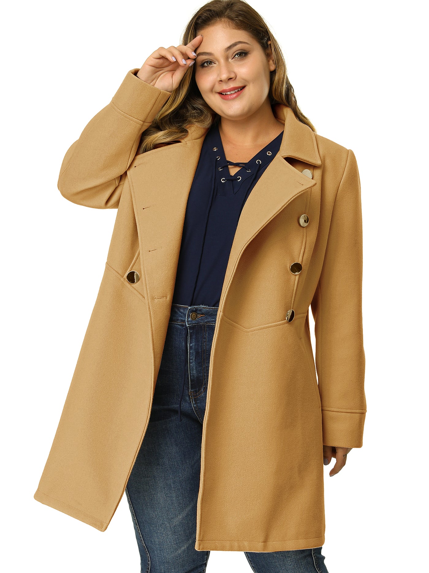Bublédon Plus Size A Line Turn Down Collar Double Breasted Coat