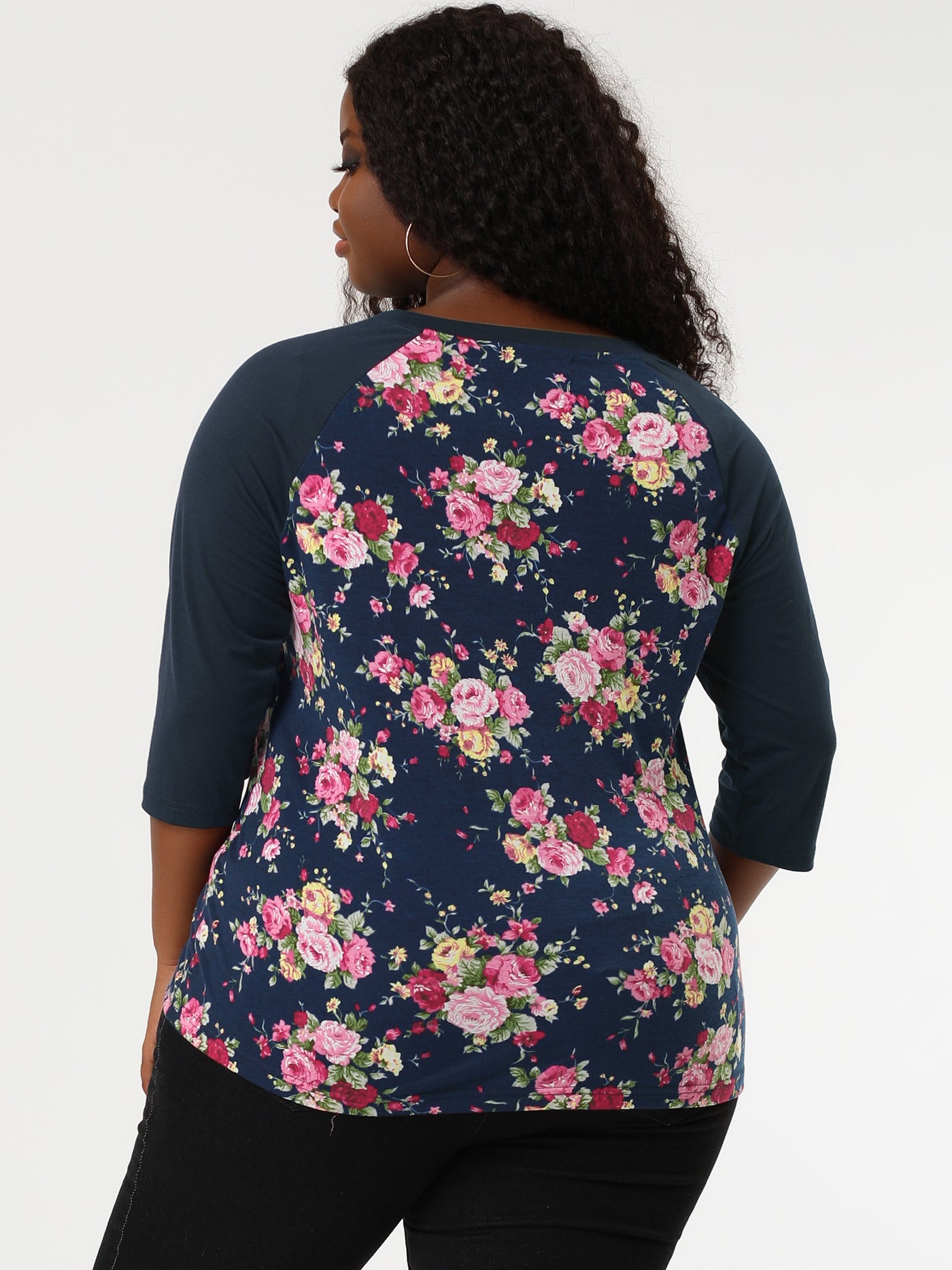 Bublédon Plus Size Raglan Scoop Neck Floral Long Sleeve Shirt
