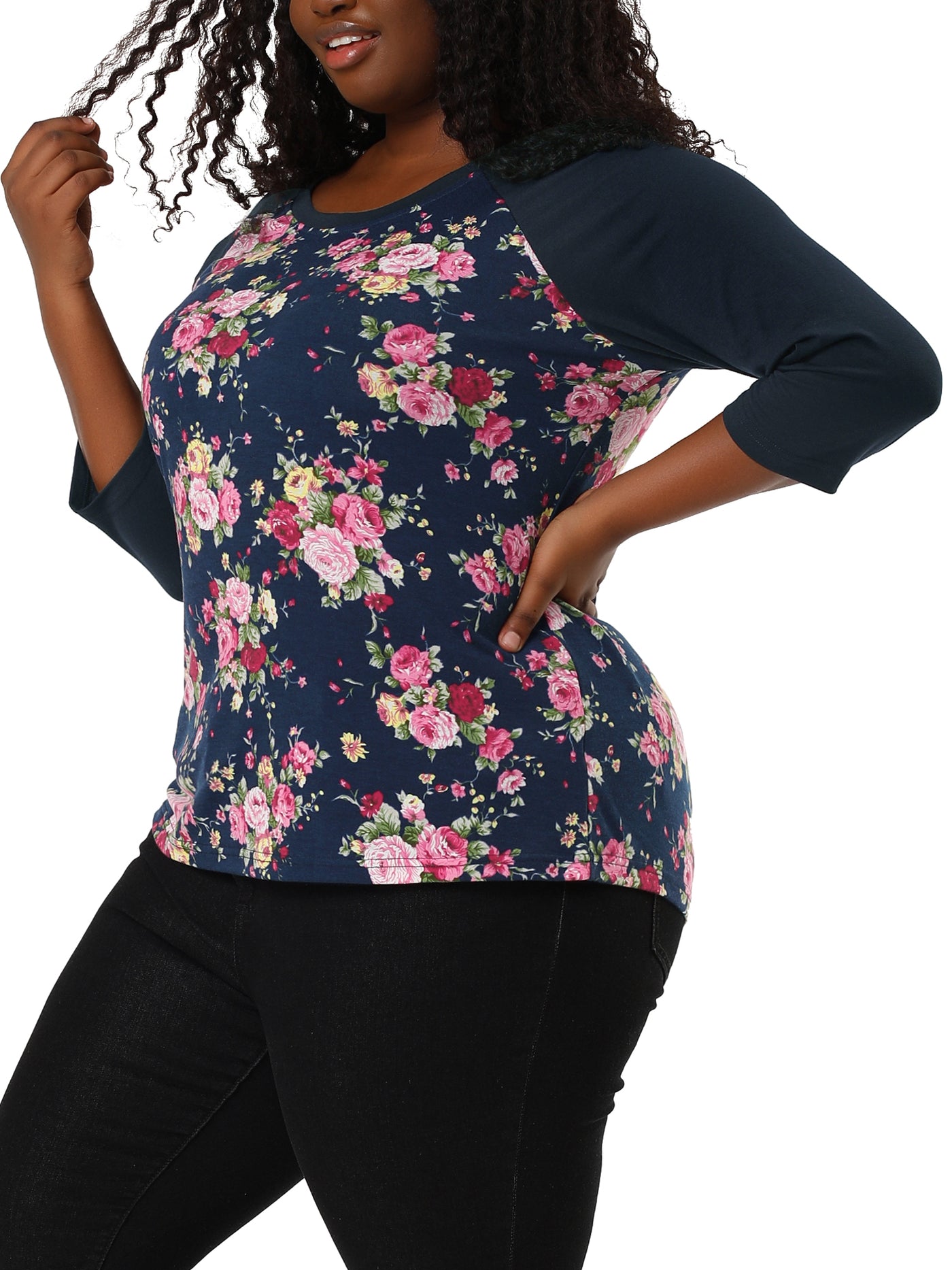 Bublédon Plus Size Raglan Scoop Neck Floral Long Sleeve Shirt