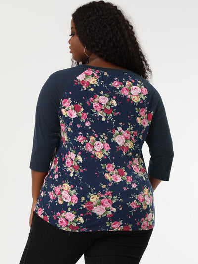 Plus Size Raglan Scoop Neck Floral Long Sleeve Shirt