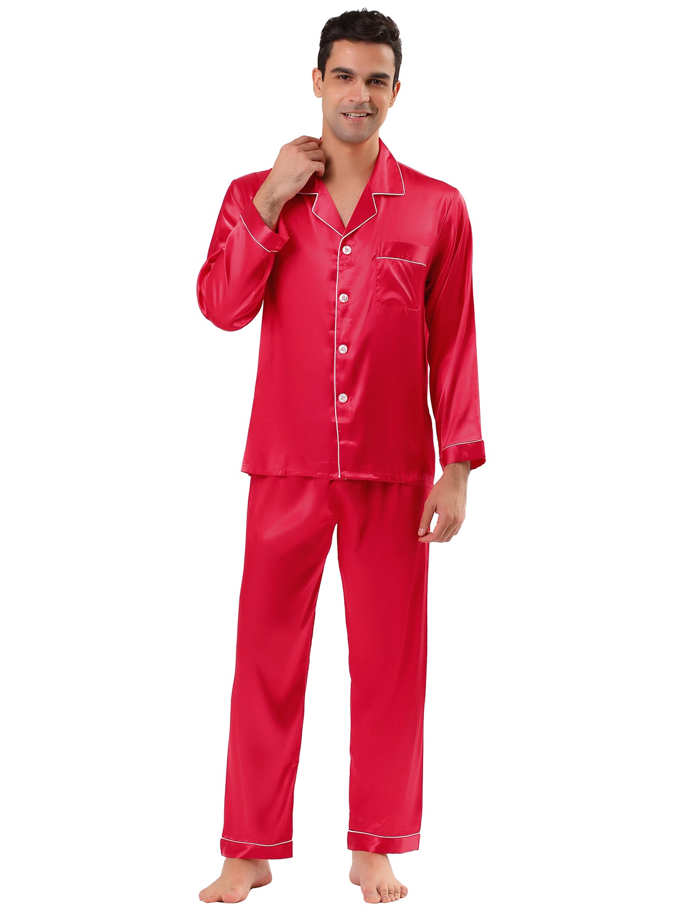 Bublédon Satin Color V Neck Button Long Sleeve Pajama Sets