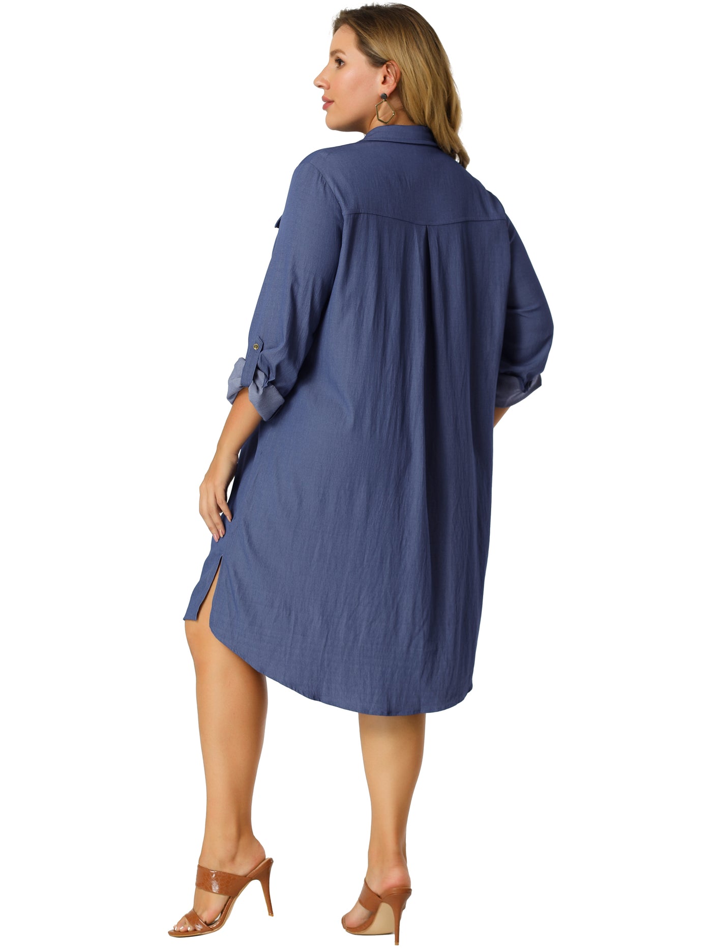Bublédon Plus Size Chambray Shirt Long Chest Pocket Denim Dress
