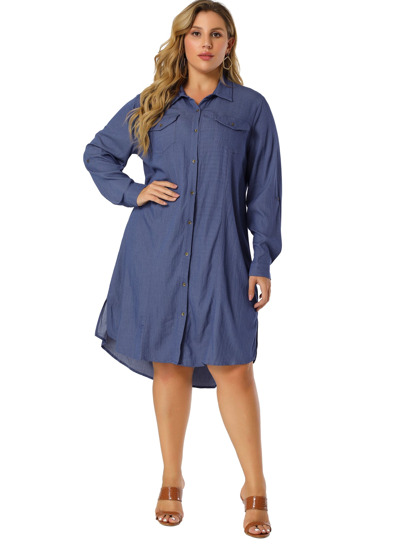 Bublédon Plus Size Chambray Shirt Long Chest Pocket Denim Dress