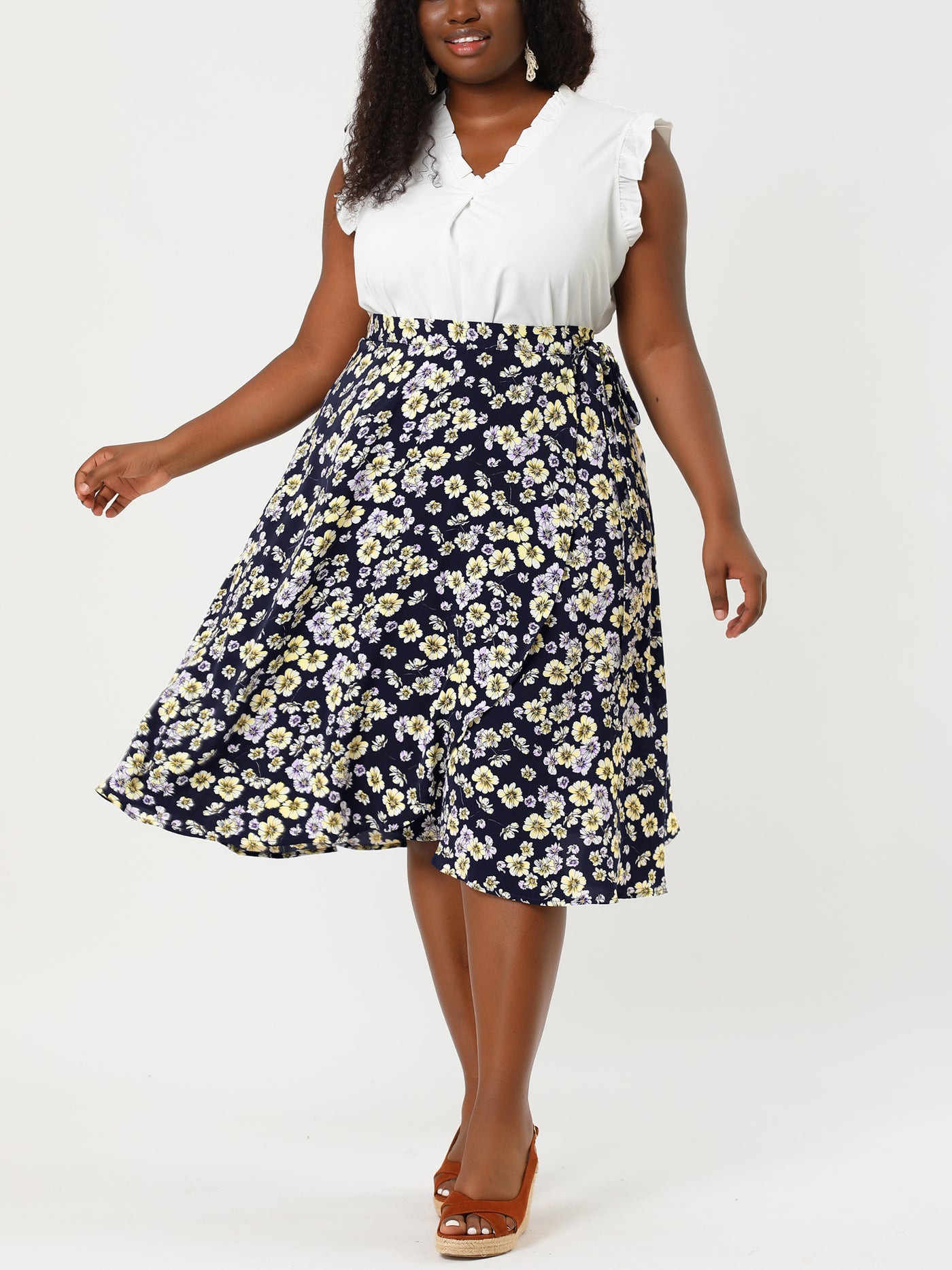 Bublédon A Line Polyester Floral Print Plus Size Wrap Midi Skirt