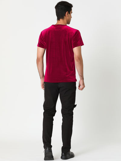 Crew Neck Solid Color Short Sleeve Velvet T-shirt