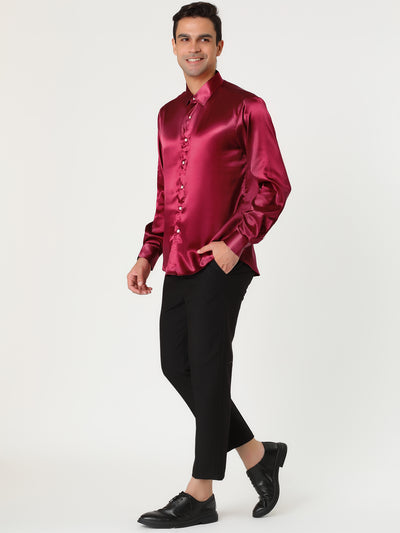 Satin V Neck Long Sleeve Button Down Party Shirts