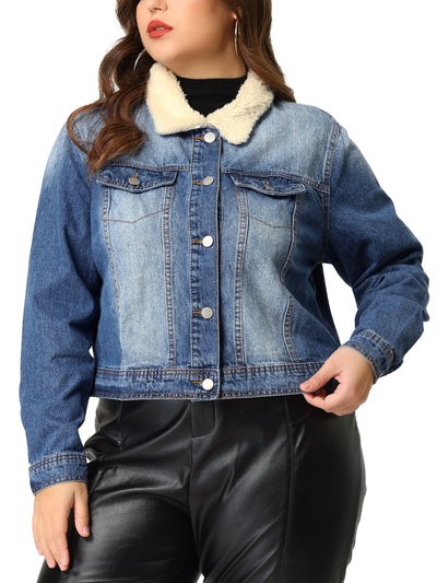 Plus Size Faux Fur Collar Washed Crop Denim Jacket