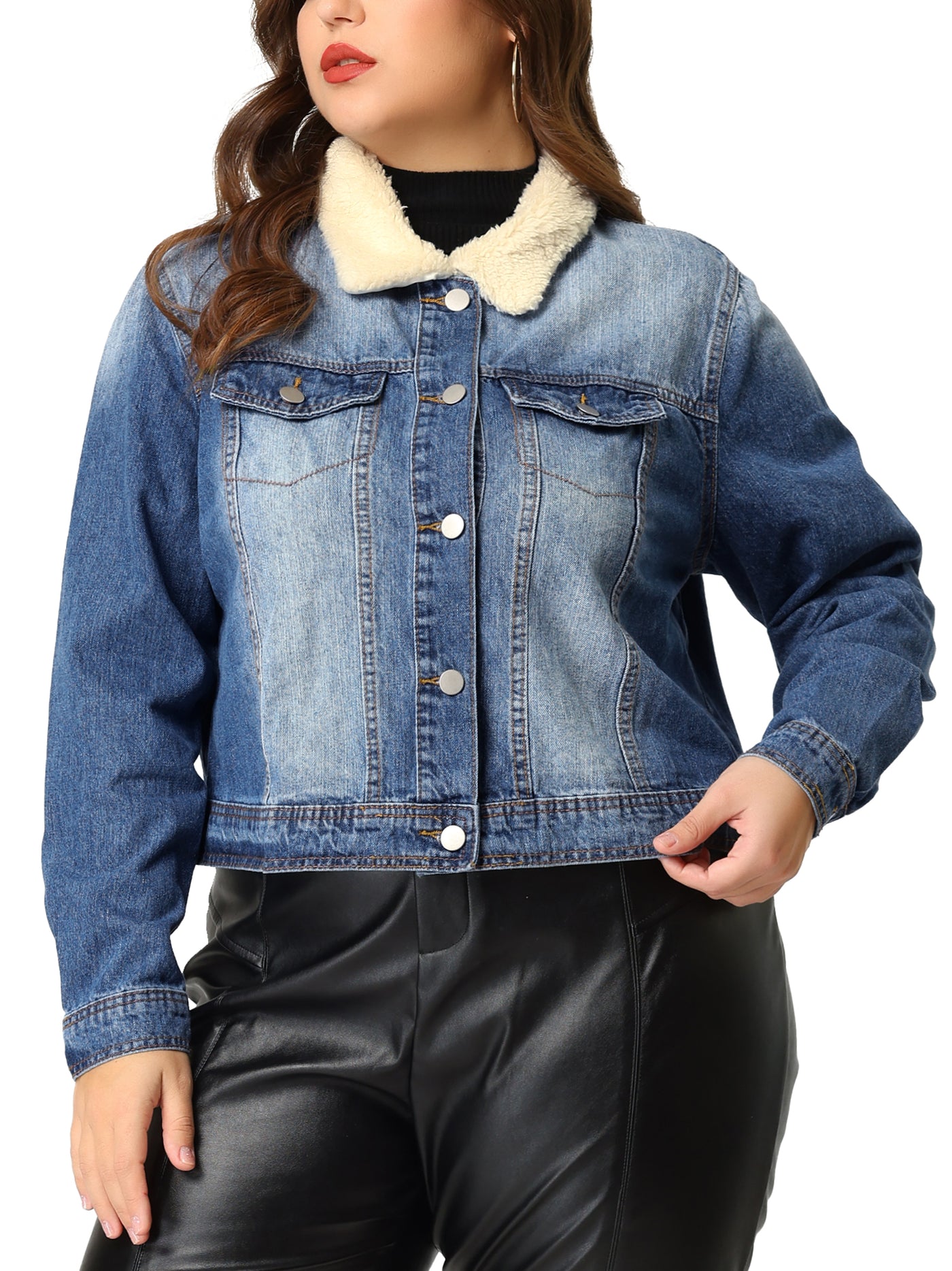 Bublédon Plus Size Faux Fur Collar Washed Crop Denim Jacket