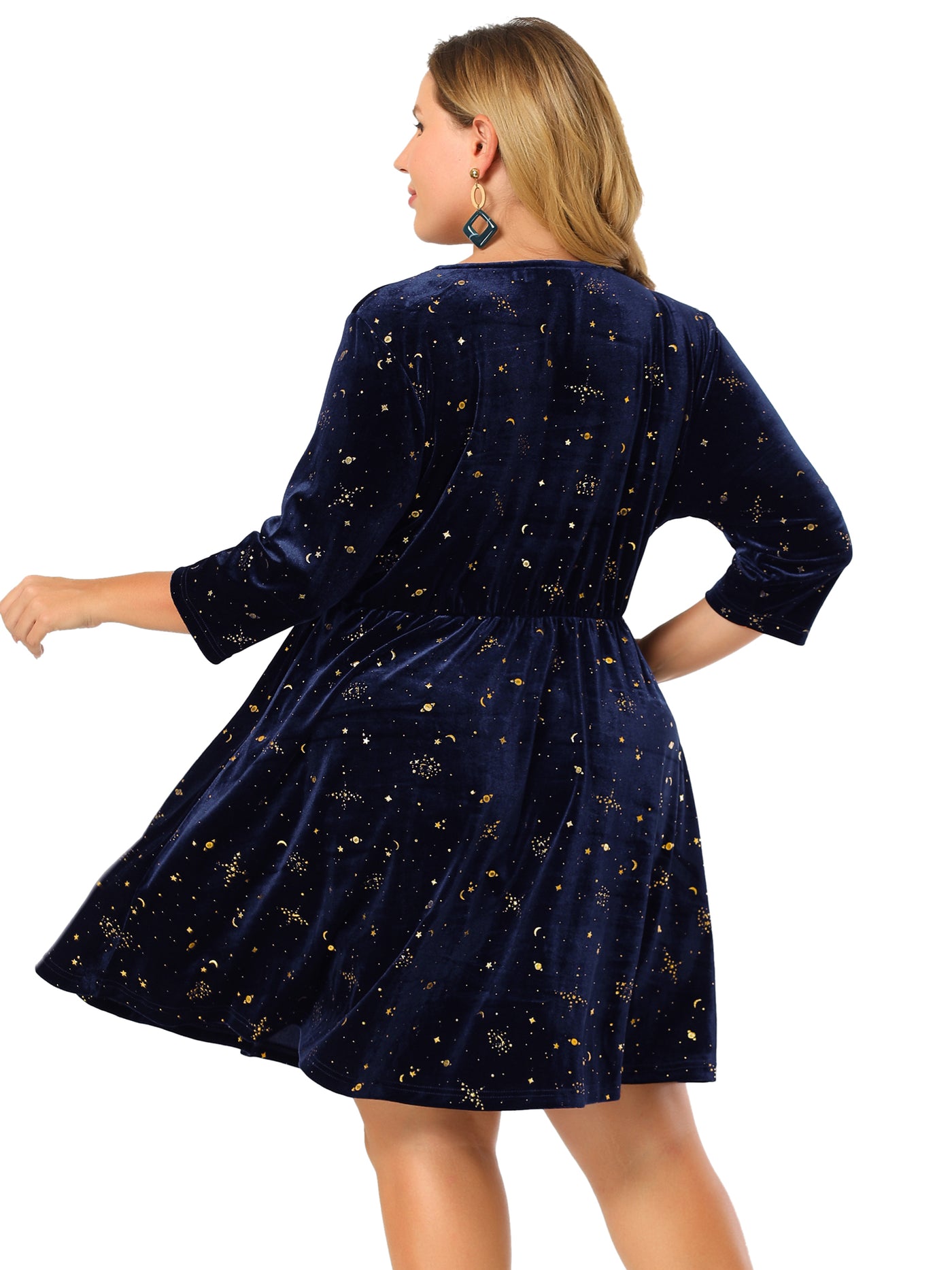 Bublédon Velvet V Neck 3/4 Sleeve Star Print Plus Size Dress
