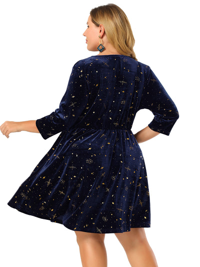Velvet V Neck 3/4 Sleeve Star Print Plus Size Dress