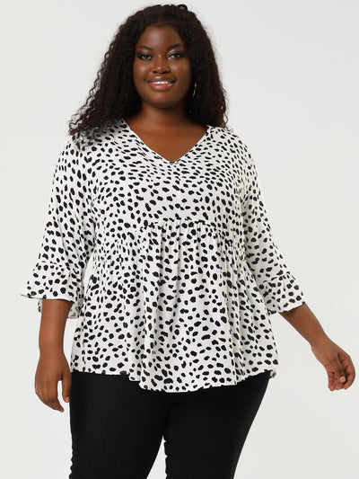 Rayon A Line Abstract Dot V Neck 3/4 Sleeve Blouse