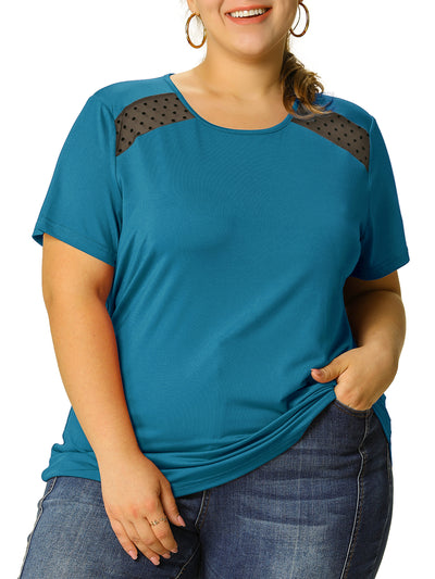 Women's Plus Size Basic Blouse Round Lace Panel Shoulder Summer Casual Top