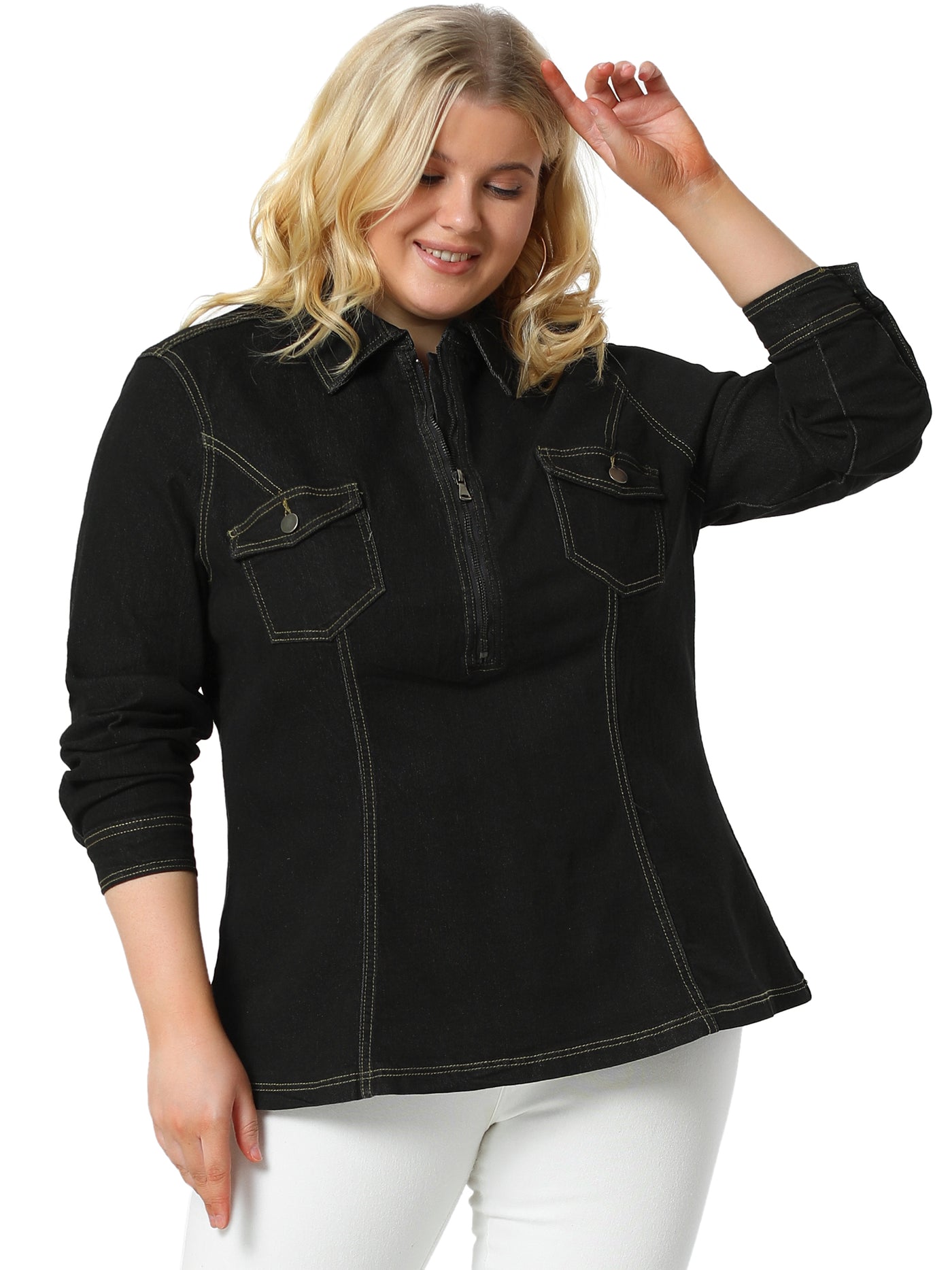 Bublédon Women's Plus Size Zip Up Washed Denim Jacket with Pockets